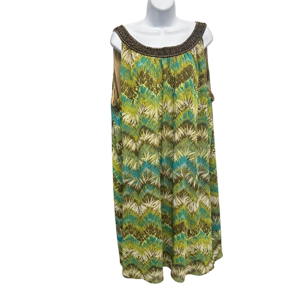 Catherines Plus Size 3X Green Blue Chevron‎ Beaded Neck Sleeveless Dress